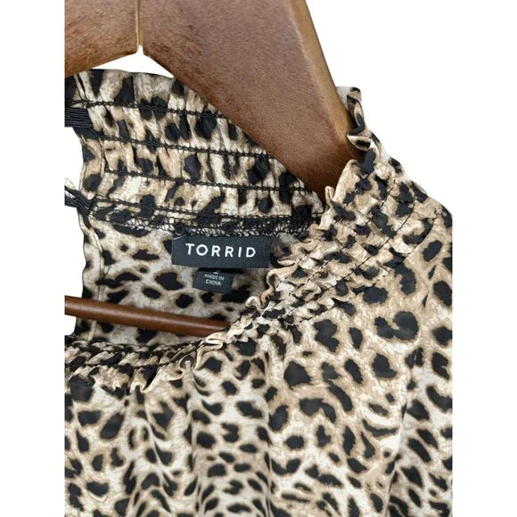 Torrid Women's Leopard Print Long Sleeve Blouse with Smocked Neck & Button Detai - Picture 3 of 12